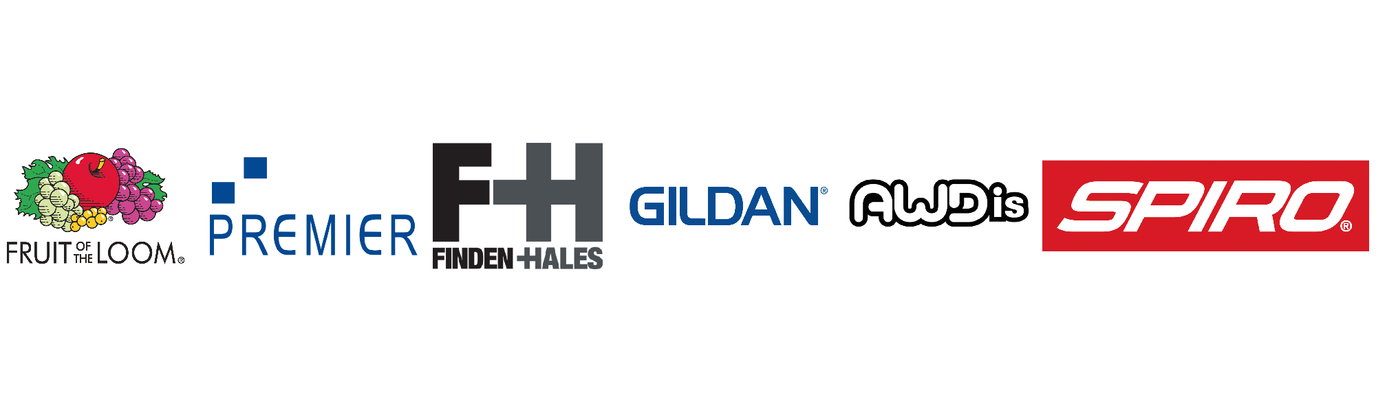 Logos of various brands including Fruit of the Loom, Premier, Finden & Hales, Gildan, and Spiro on a white background.