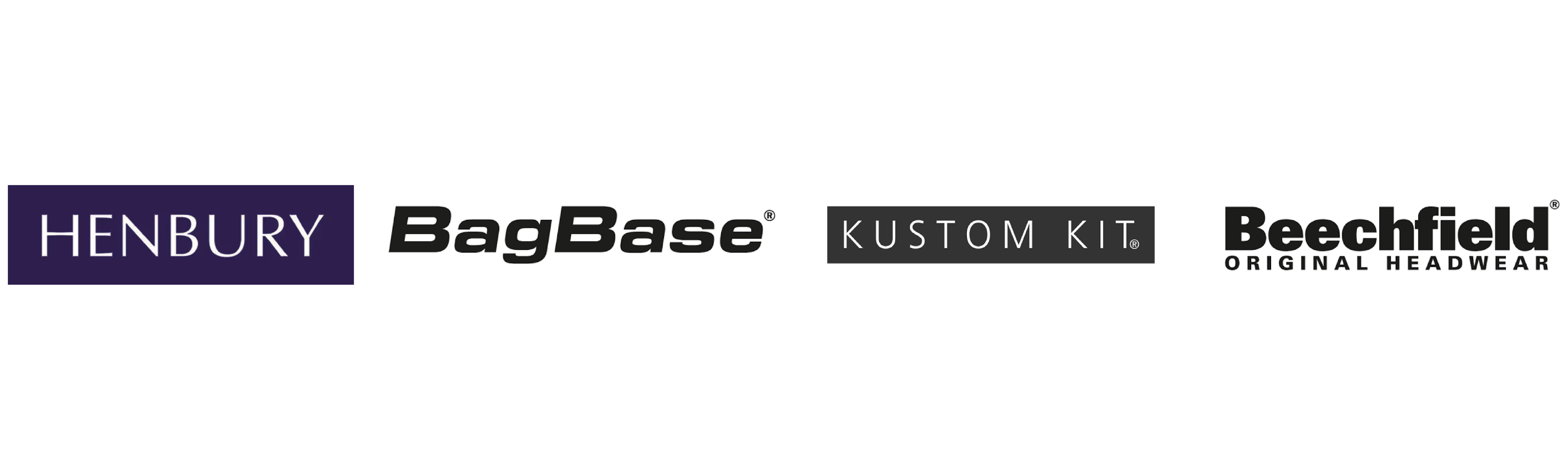 Logos of Henbury, BagBase, Kustom Kit, and Beechfield on a white background